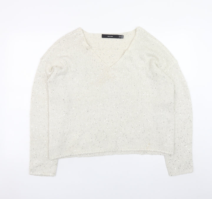 Vero Moda Women’s Ivory Sequin Knit V-Neck Jumper XL