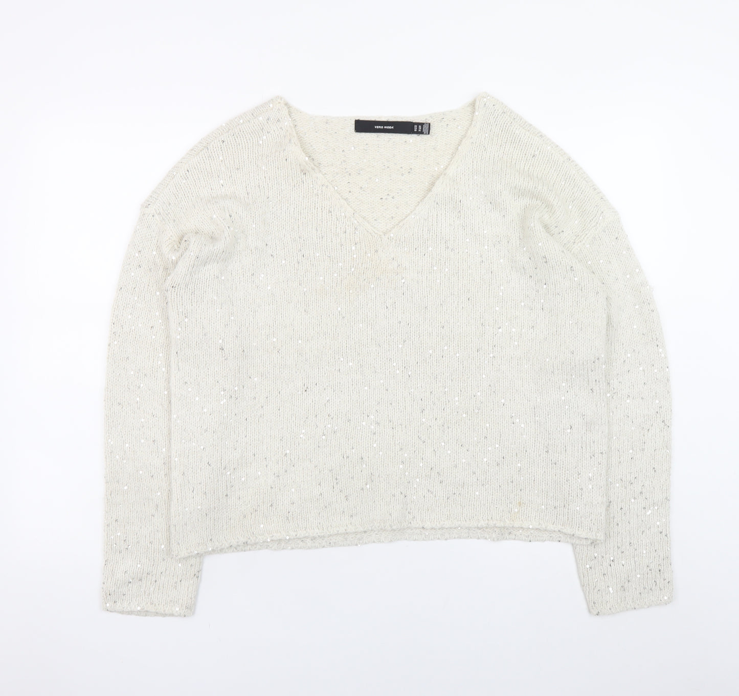 Vero Moda Women’s Ivory Sequin Knit V-Neck Jumper XL