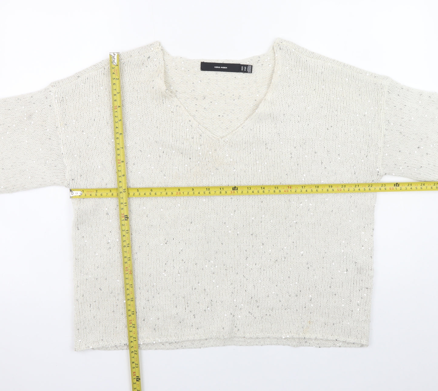 Vero Moda Women’s Ivory Sequin Knit V-Neck Jumper XL