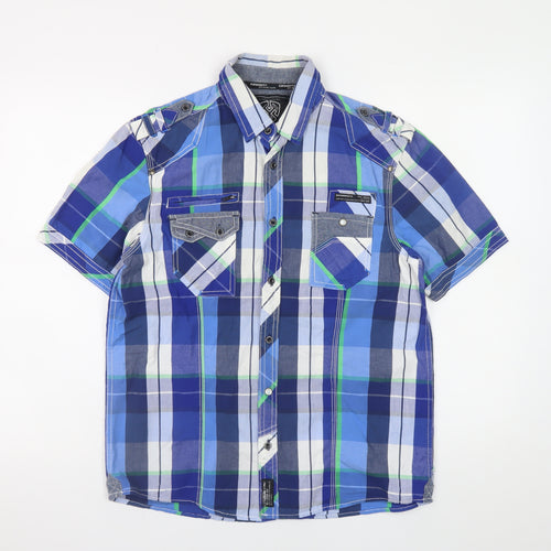 Dissident Men's Blue Checked Short Sleeve Cotton Casual Shirt Size M