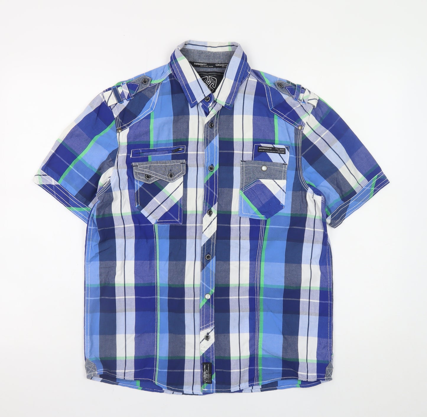 Dissident Men's Blue Checked Short Sleeve Cotton Casual Shirt Size M