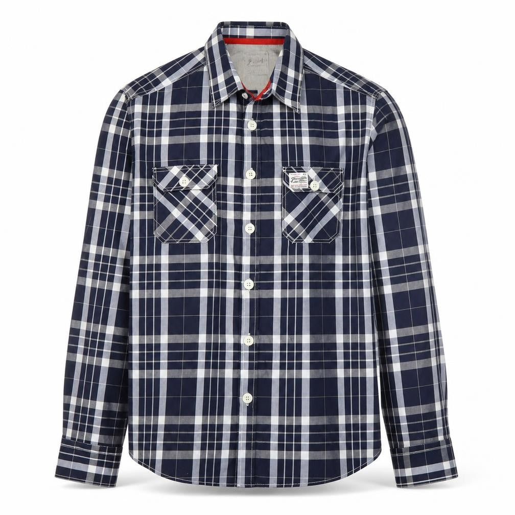 Front view of Paraffin Industries Men’s Blue Check Long Sleeve Button-Up Shirt L