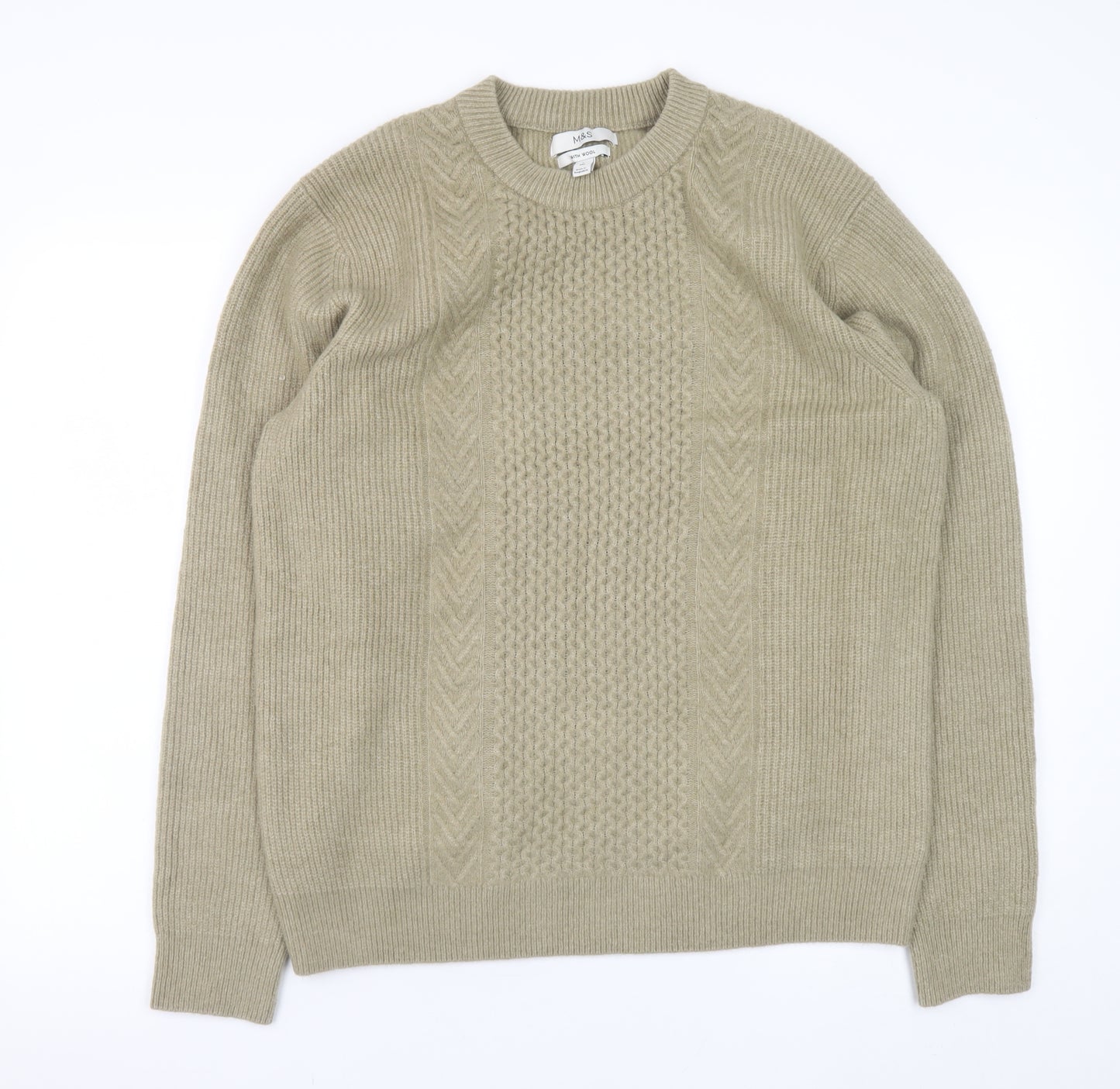 Marks and Spencer Men Beige Wool Blend Cable-Knit Jumper L