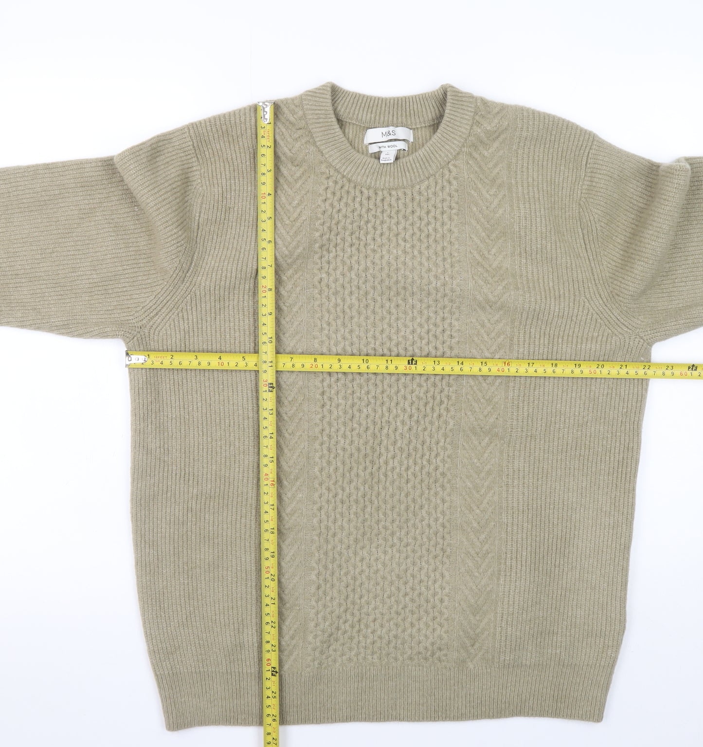 Marks and Spencer Men Beige Wool Blend Cable-Knit Jumper L