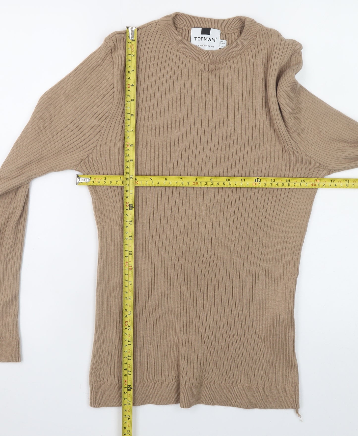 Topman Men's Beige Ribbed Knit Slim Fit Pullover Jumper Size S