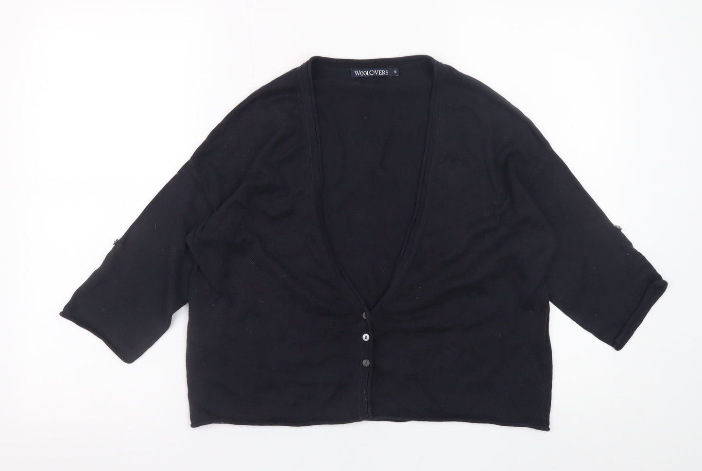 WoolOvers Women's Black Cotton Silk V-Neck 3/4 Sleeve Cardigan Size S