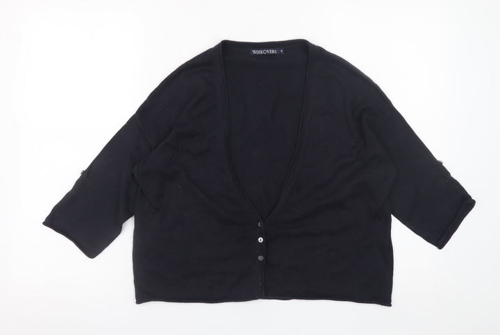 WoolOvers Women's Black Cotton Silk V-Neck 3/4 Sleeve Cardigan Size S