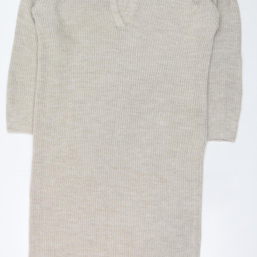 Topshop Women Beige XS Knit Collared V-Neck Shirt Dress