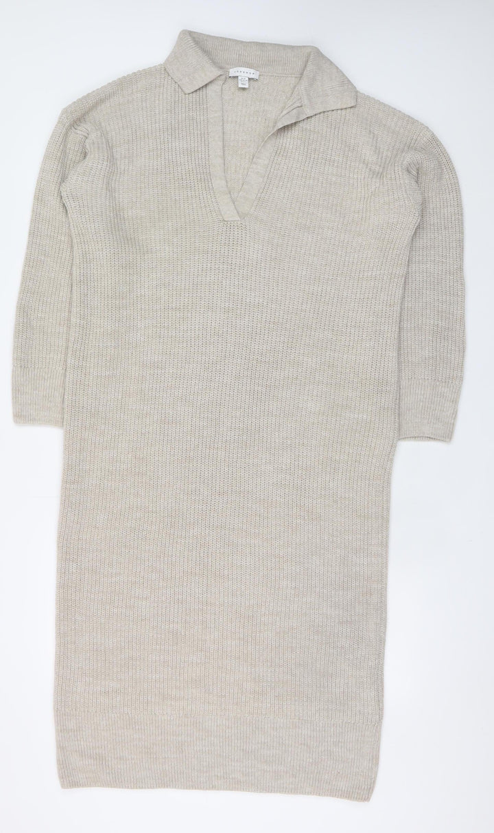 Topshop Women Beige XS Knit Collared V-Neck Shirt Dress