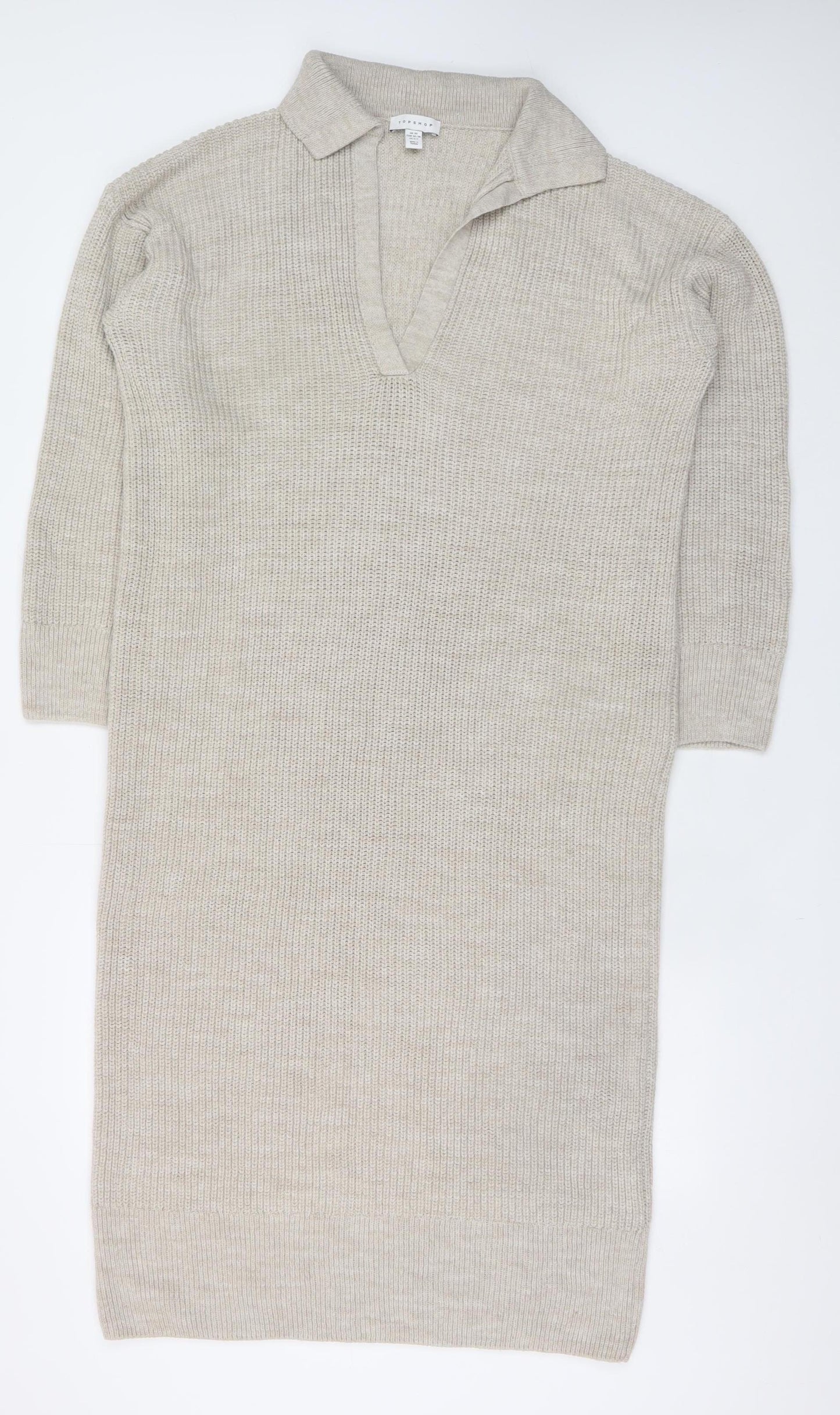 Topshop Women Beige XS Knit Collared V-Neck Shirt Dress