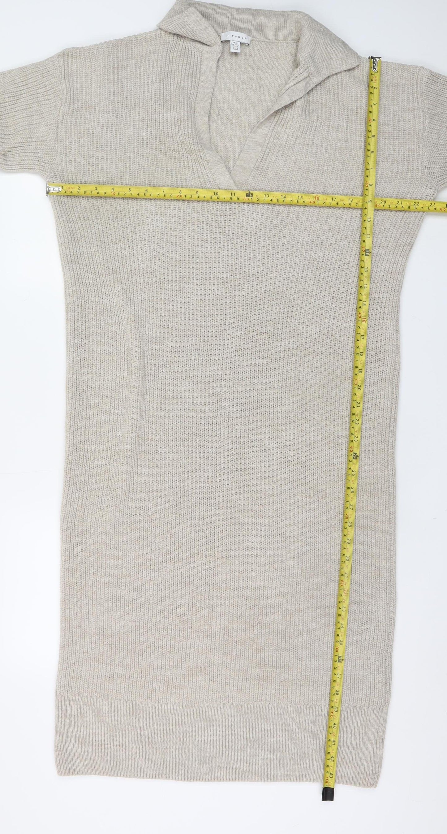 Topshop Women Beige XS Knit Collared V-Neck Shirt Dress