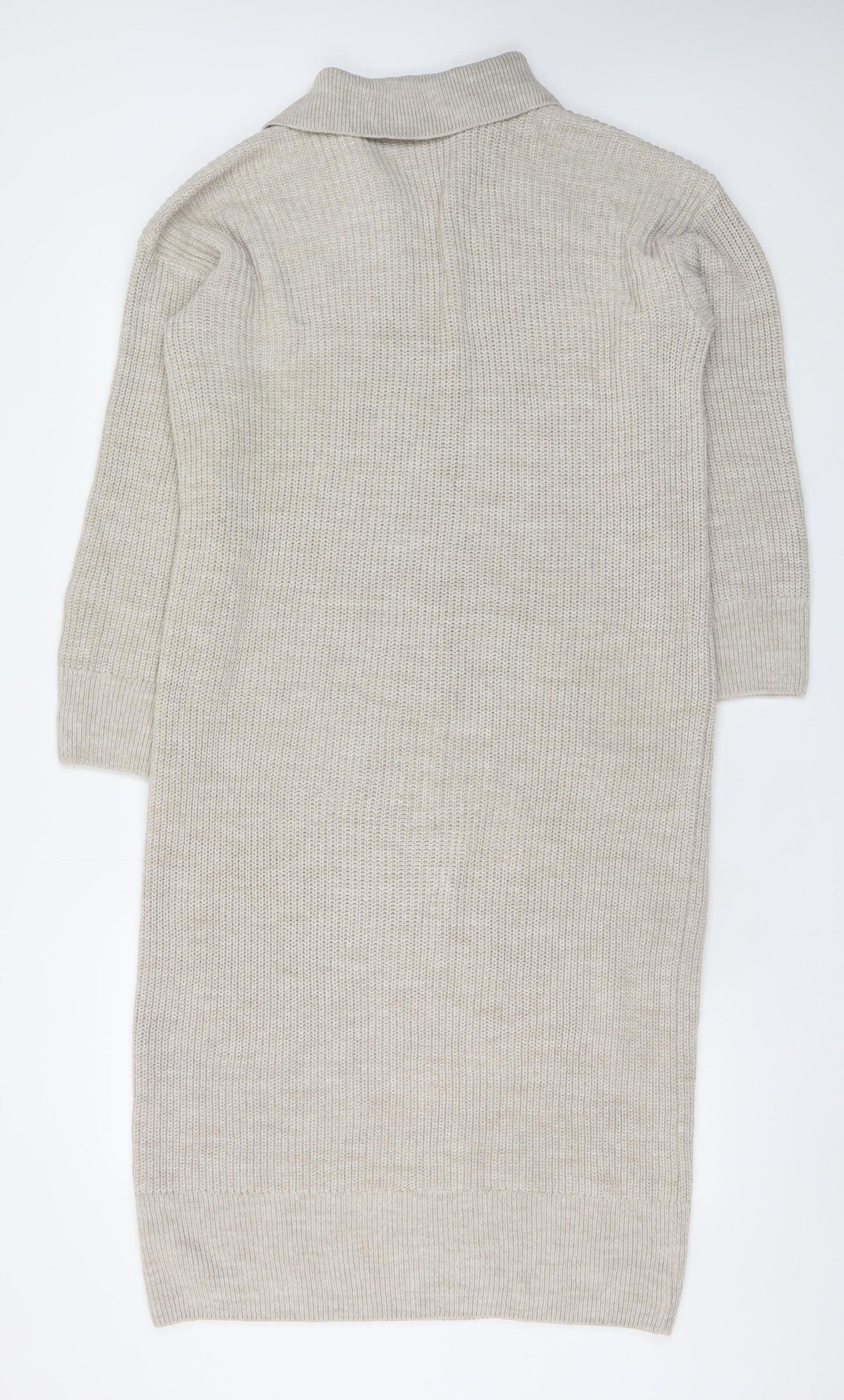 Topshop Women Beige XS Knit Collared V-Neck Shirt Dress