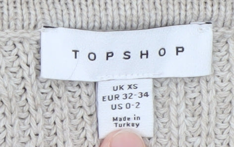 Topshop Women Beige XS Knit Collared V-Neck Shirt Dress