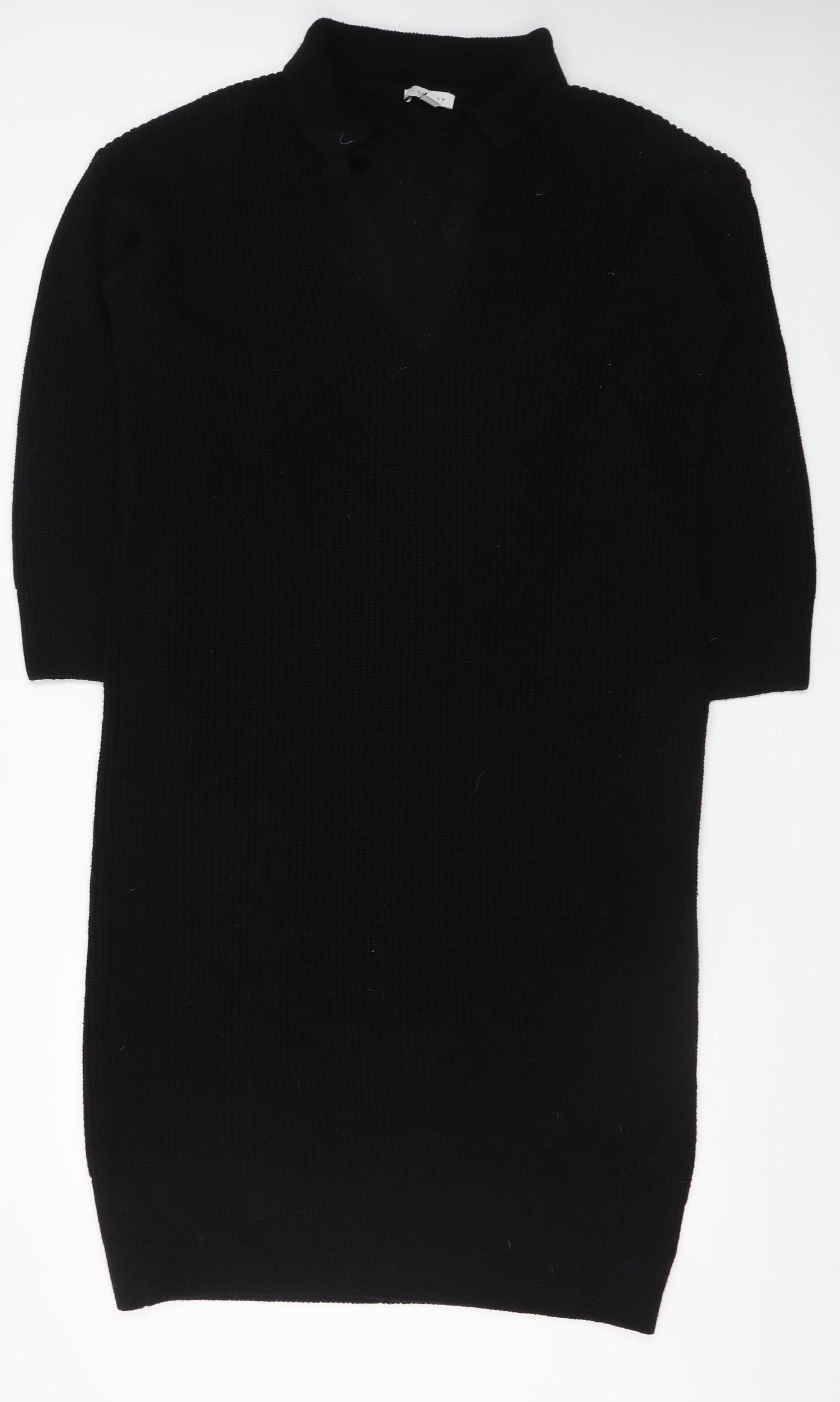 Topshop Women’s Black Knit Jumper Dress Size 8 V-Neck Collared