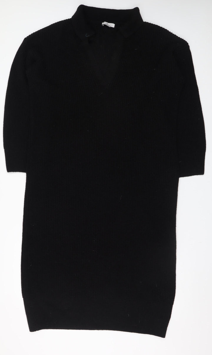 Topshop Women’s Black Knit Jumper Dress Size 8 V-Neck Collared