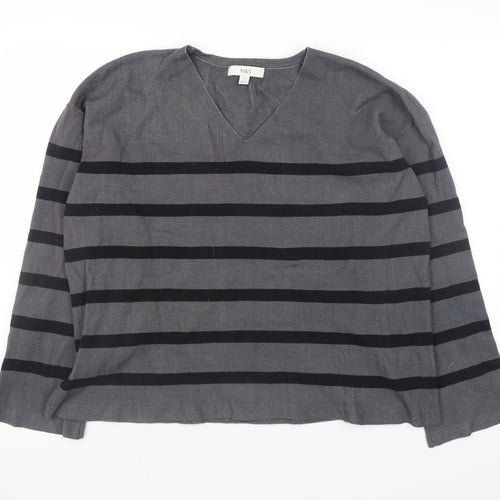 Marks and Spencer Women's Grey Striped V-Neck Pullover Jumper XL