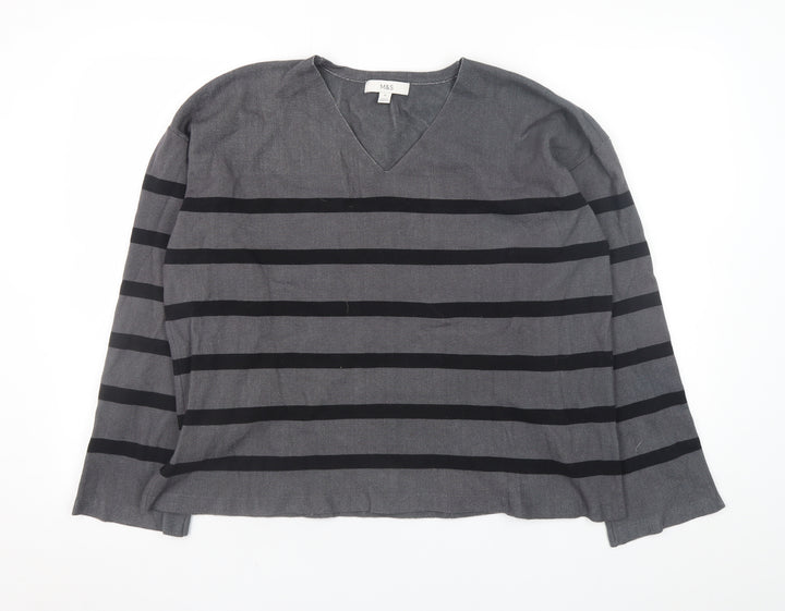 Marks and Spencer Women's Grey Striped V-Neck Pullover Jumper XL