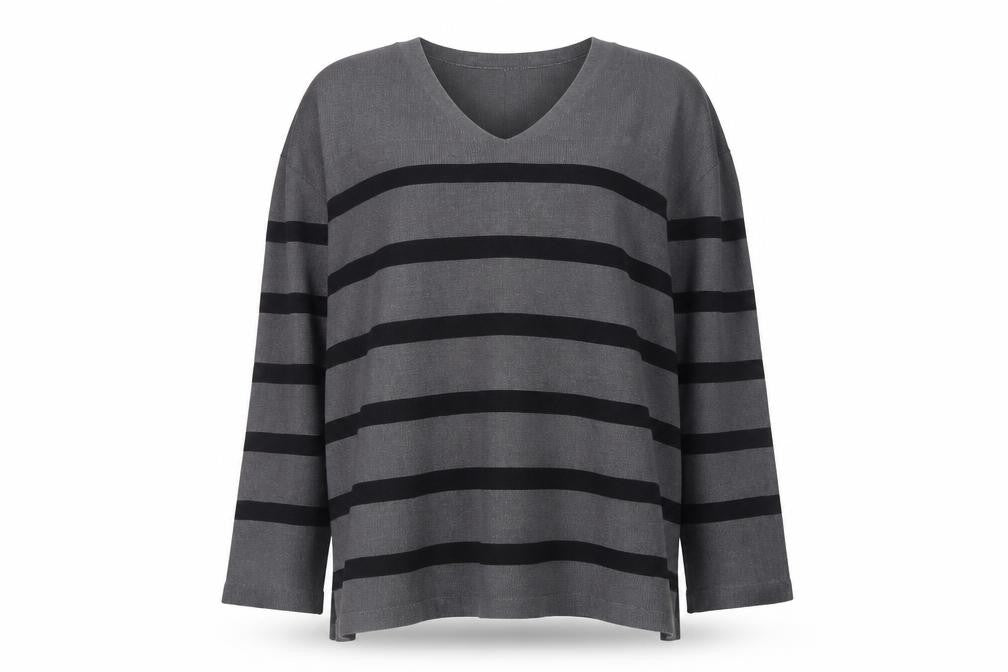 Front view of Marks & Spencer Women's Grey Striped V-Neck jumper XL