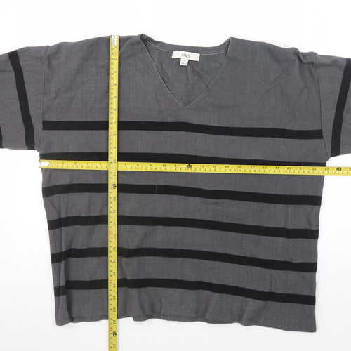 Marks and Spencer Women's Grey Striped V-Neck Pullover Jumper XL