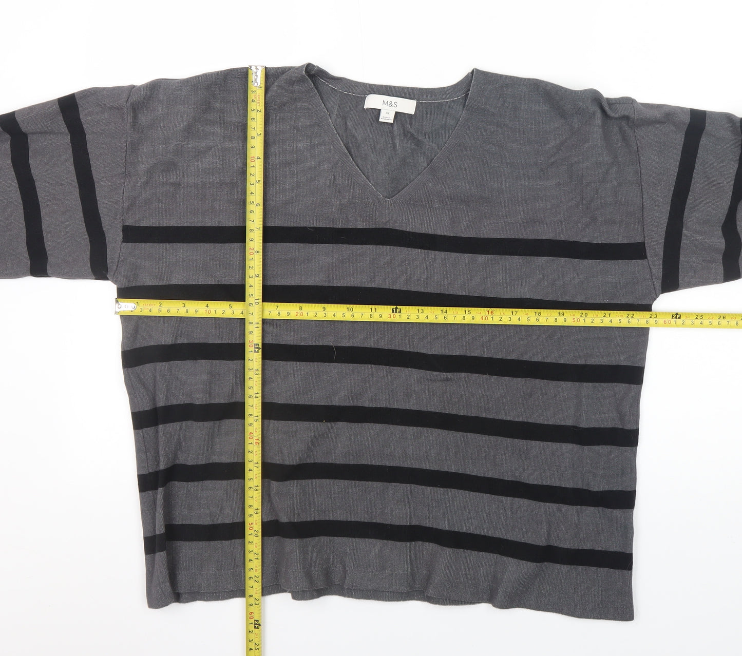 Marks and Spencer Women's Grey Striped V-Neck Pullover Jumper XL