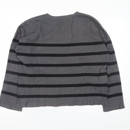 Marks and Spencer Women's Grey Striped V-Neck Pullover Jumper XL