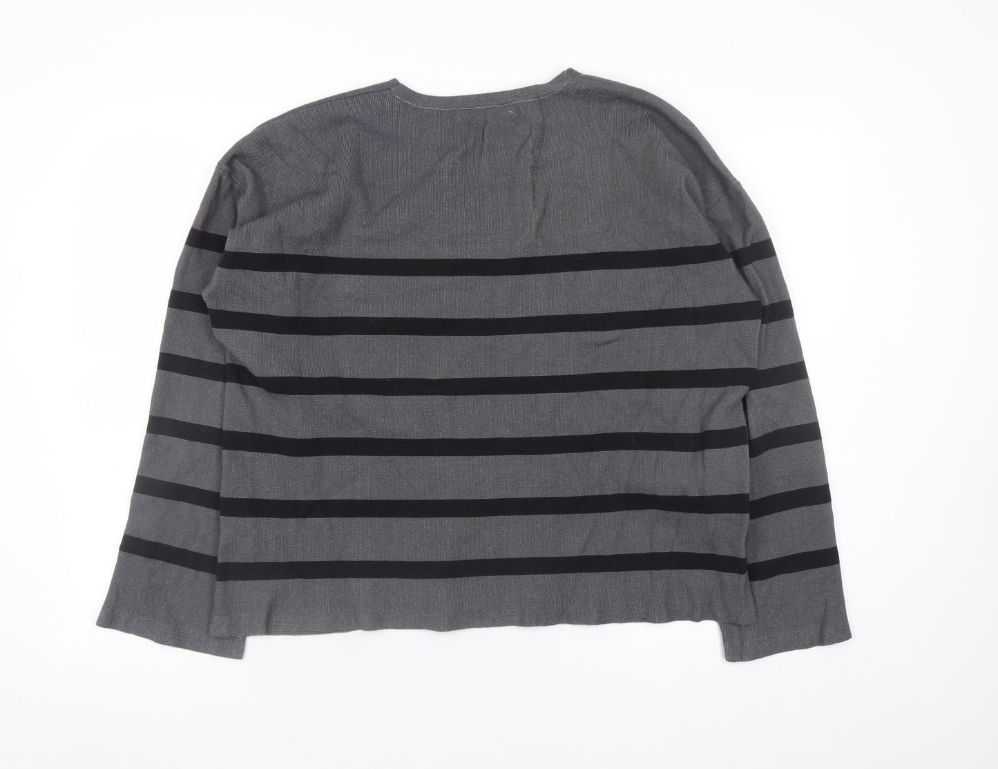 Marks and Spencer Women's Grey Striped V-Neck Pullover Jumper XL