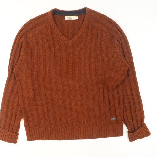 PG Field Men's Brown V-Neck Cable Knit Jumper Size L Classic Acrylic