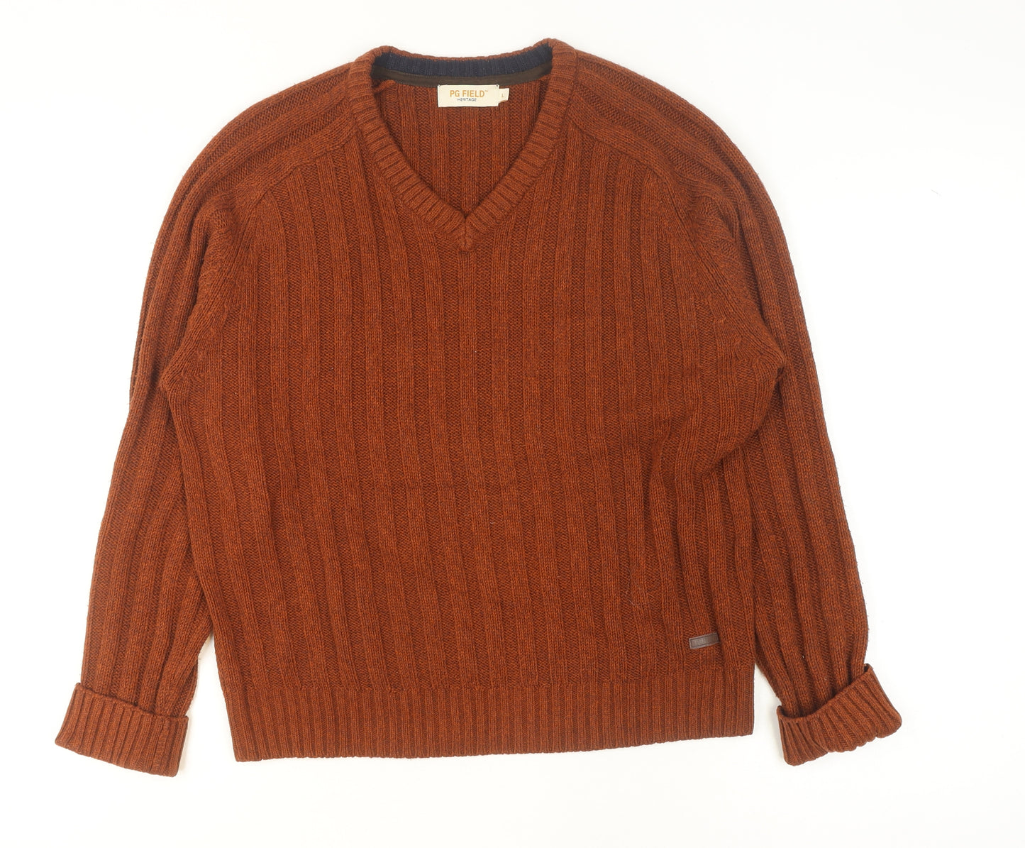 PG Field Men's Brown V-Neck Cable Knit Jumper Size L Classic Acrylic