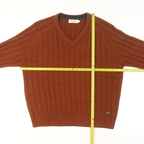 PG Field Men's Brown V-Neck Cable Knit Jumper Size L Classic Acrylic