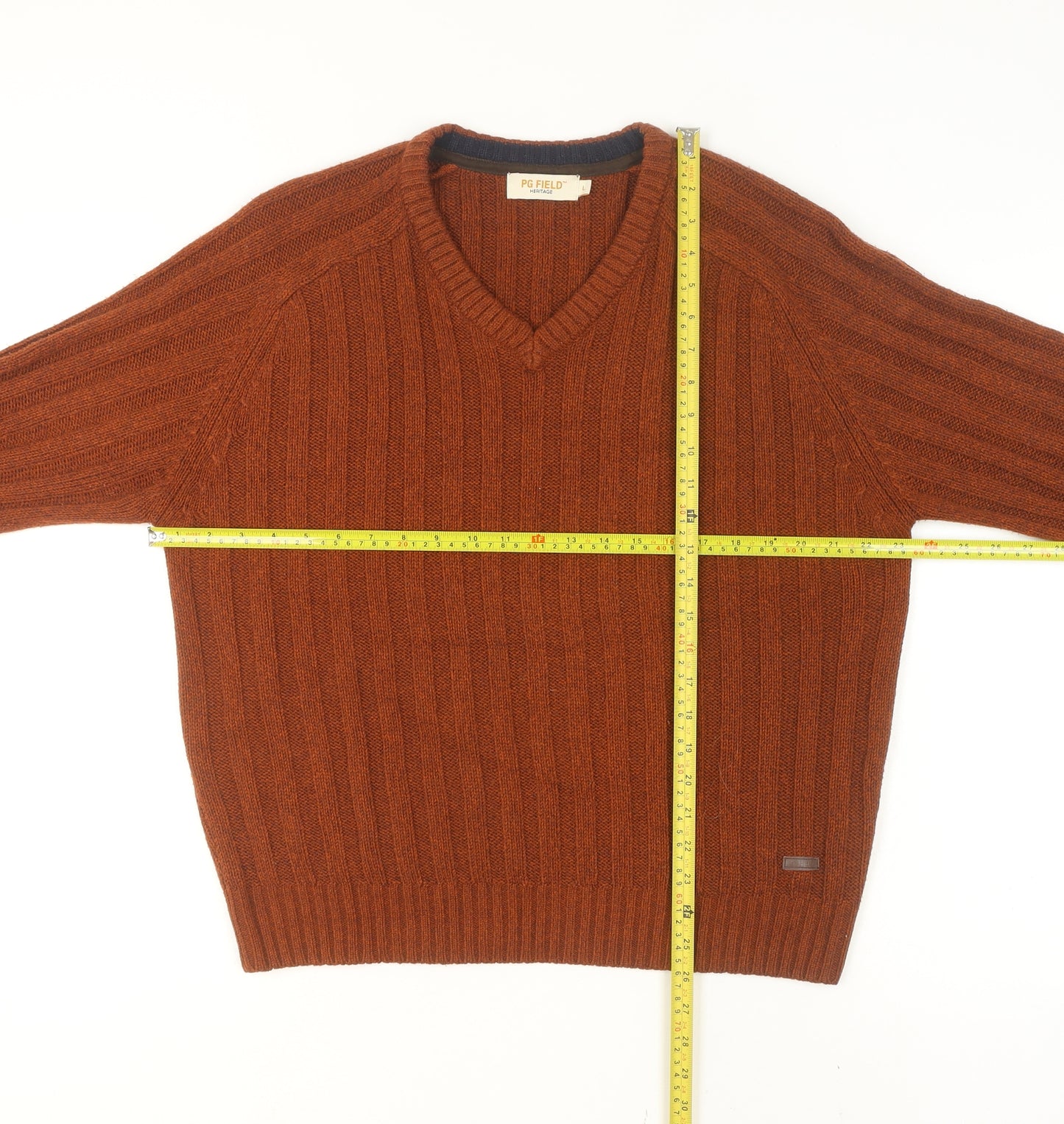 PG Field Men's Brown V-Neck Cable Knit Jumper Size L Classic Acrylic