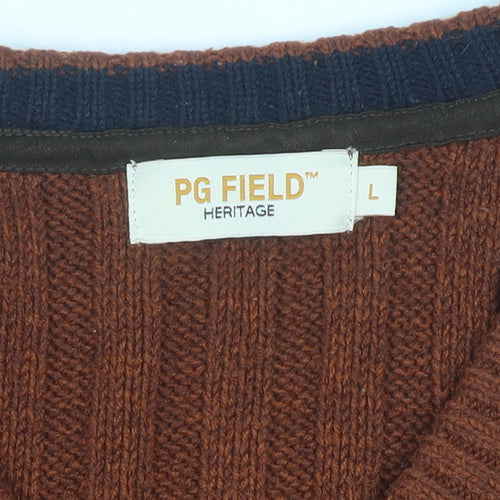 PG Field Men's Brown V-Neck Cable Knit Jumper Size L Classic Acrylic