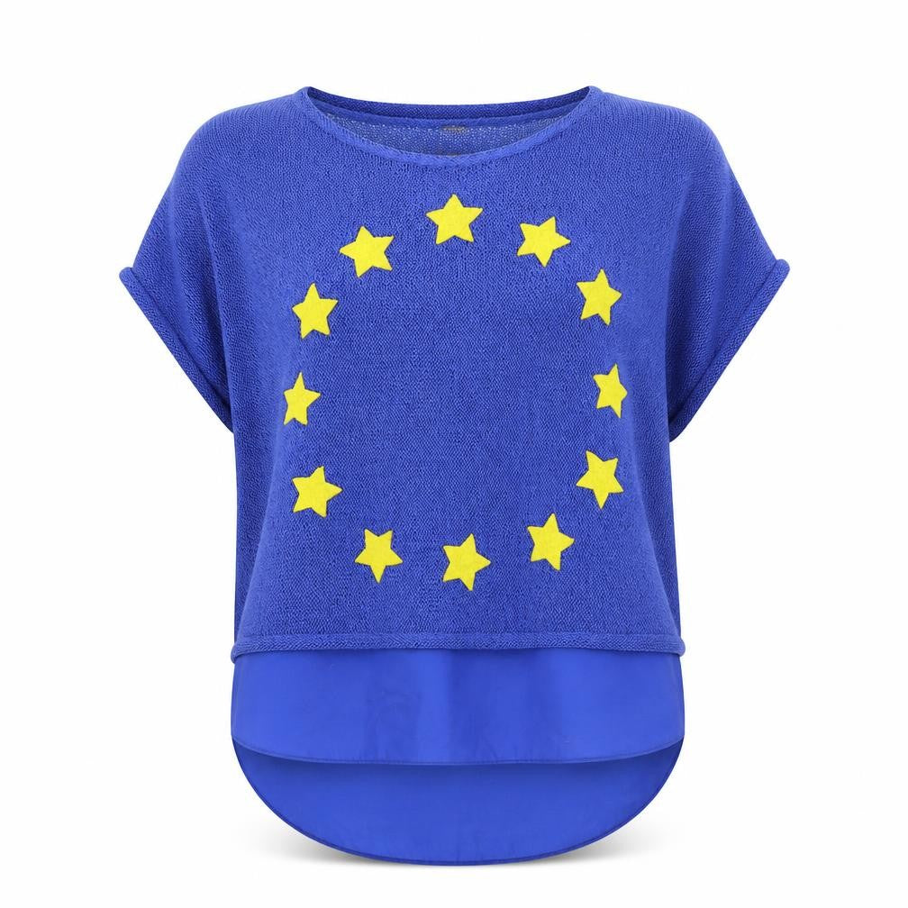 Front view of Phase Eight women’s blue short sleeve cotton blend star jumper, size M