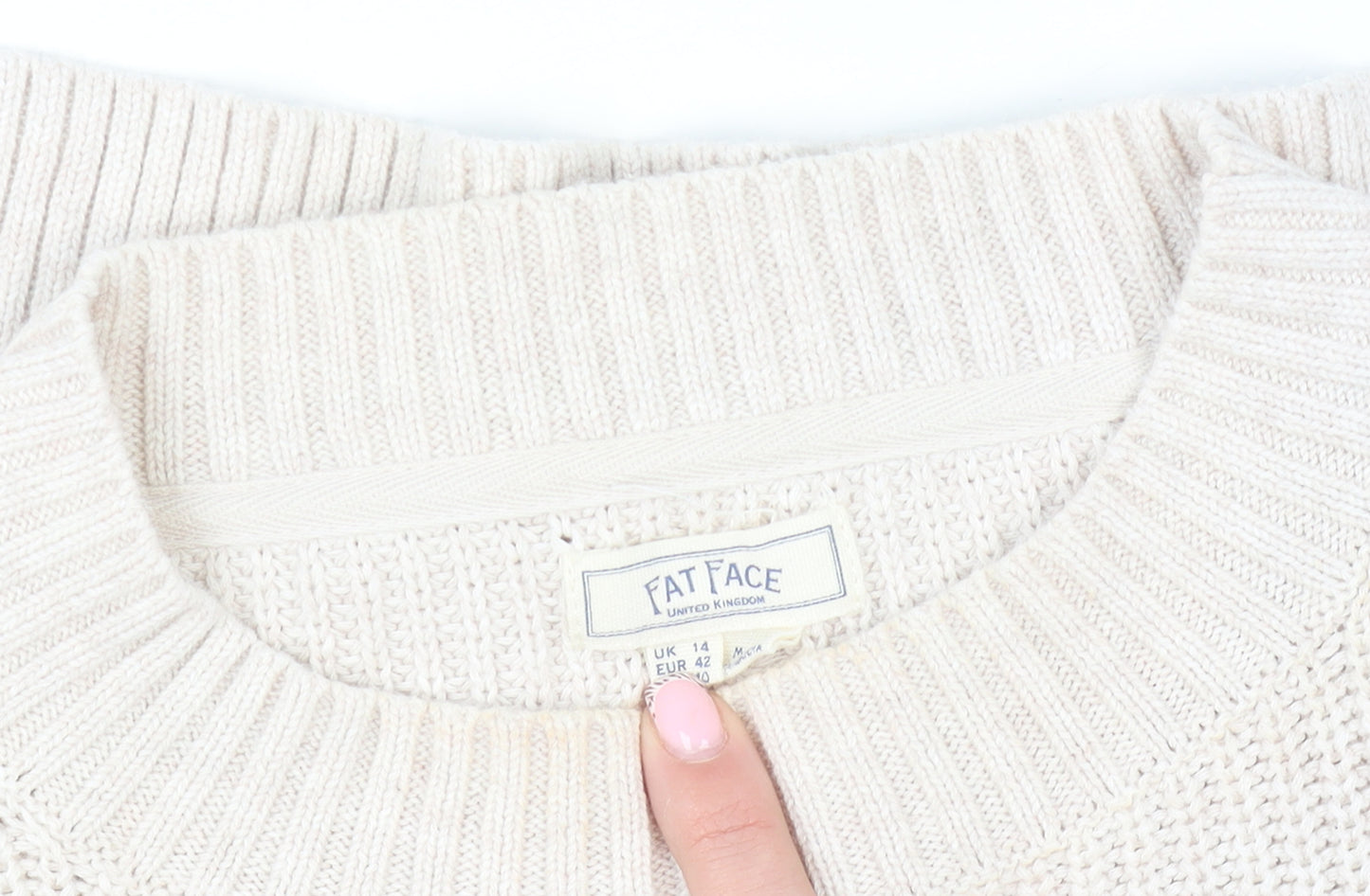 Fat Face Womens Beige Cotton Chunky Knit Crew Neck Jumper Size 14
