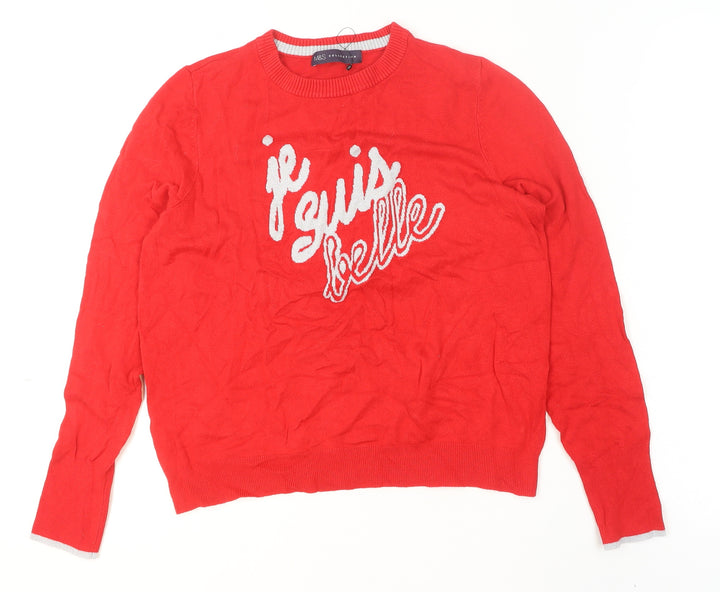 Marks and Spencer Women's Red Crew Neck Je Suis Belle Jumper Size 12