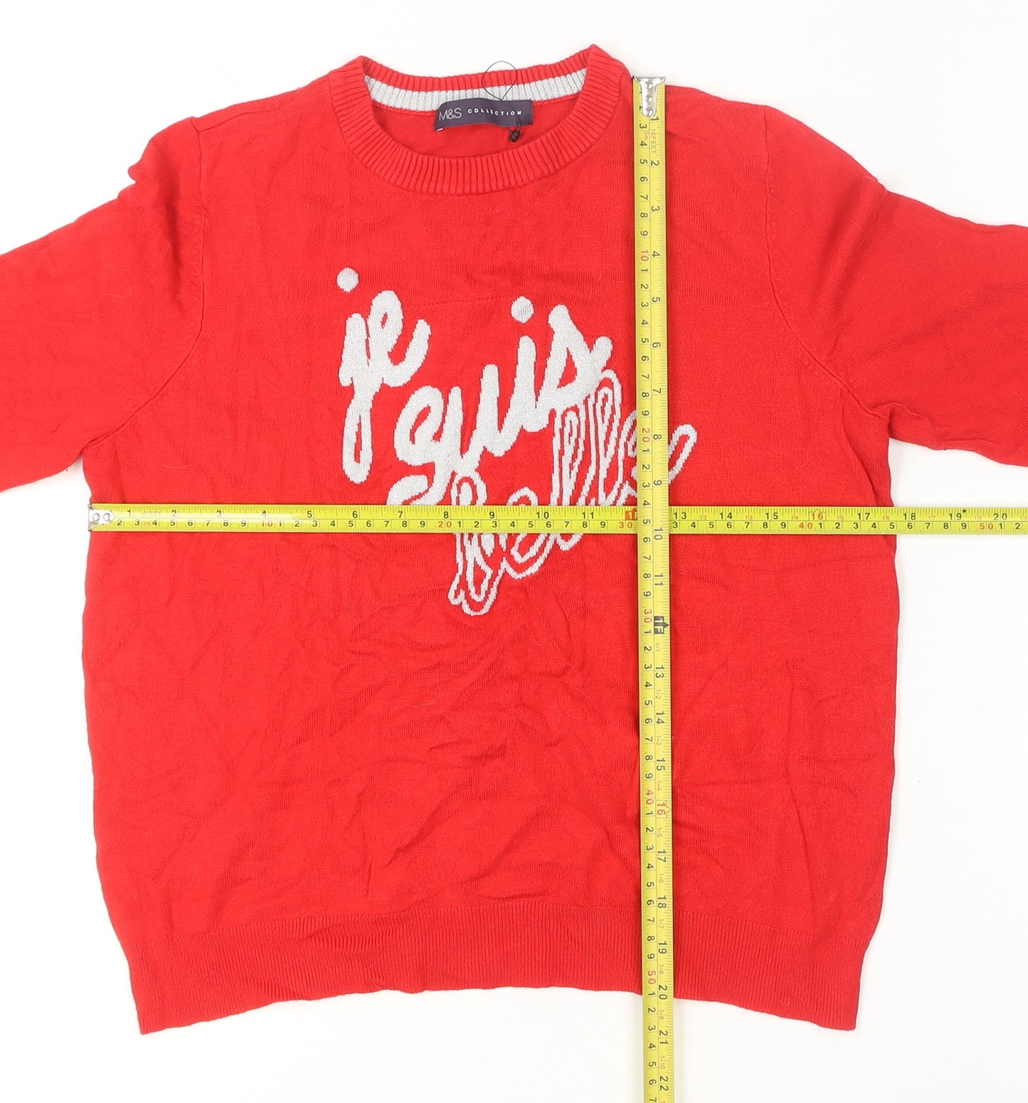 Marks and Spencer Women's Red Crew Neck Je Suis Belle Jumper Size 12