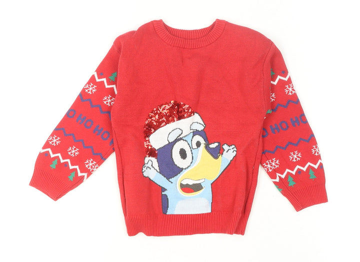 Nutmeg Boys Red Bluey Christmas Jumper 4-5 Years Cotton Pullover