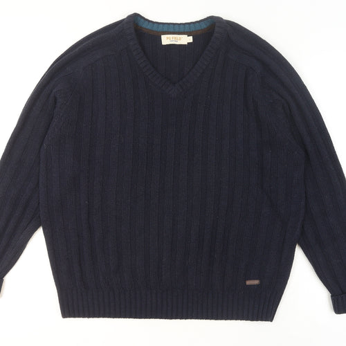 PG Field Men's Blue V-Neck Cable Knit Acrylic Jumper Size L