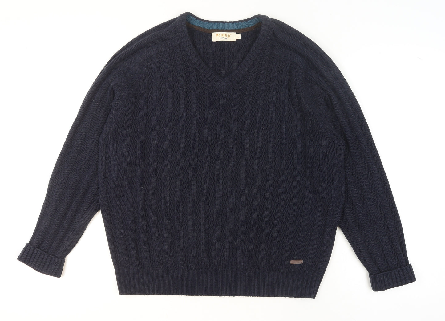 PG Field Men's Blue V-Neck Cable Knit Acrylic Jumper Size L