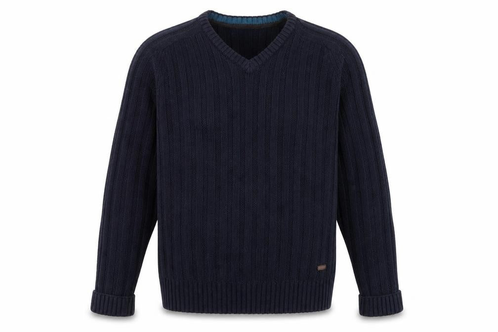 Front view of PG Field Men's Blue V-Neck Cable Knit Acrylic Jumper, size L