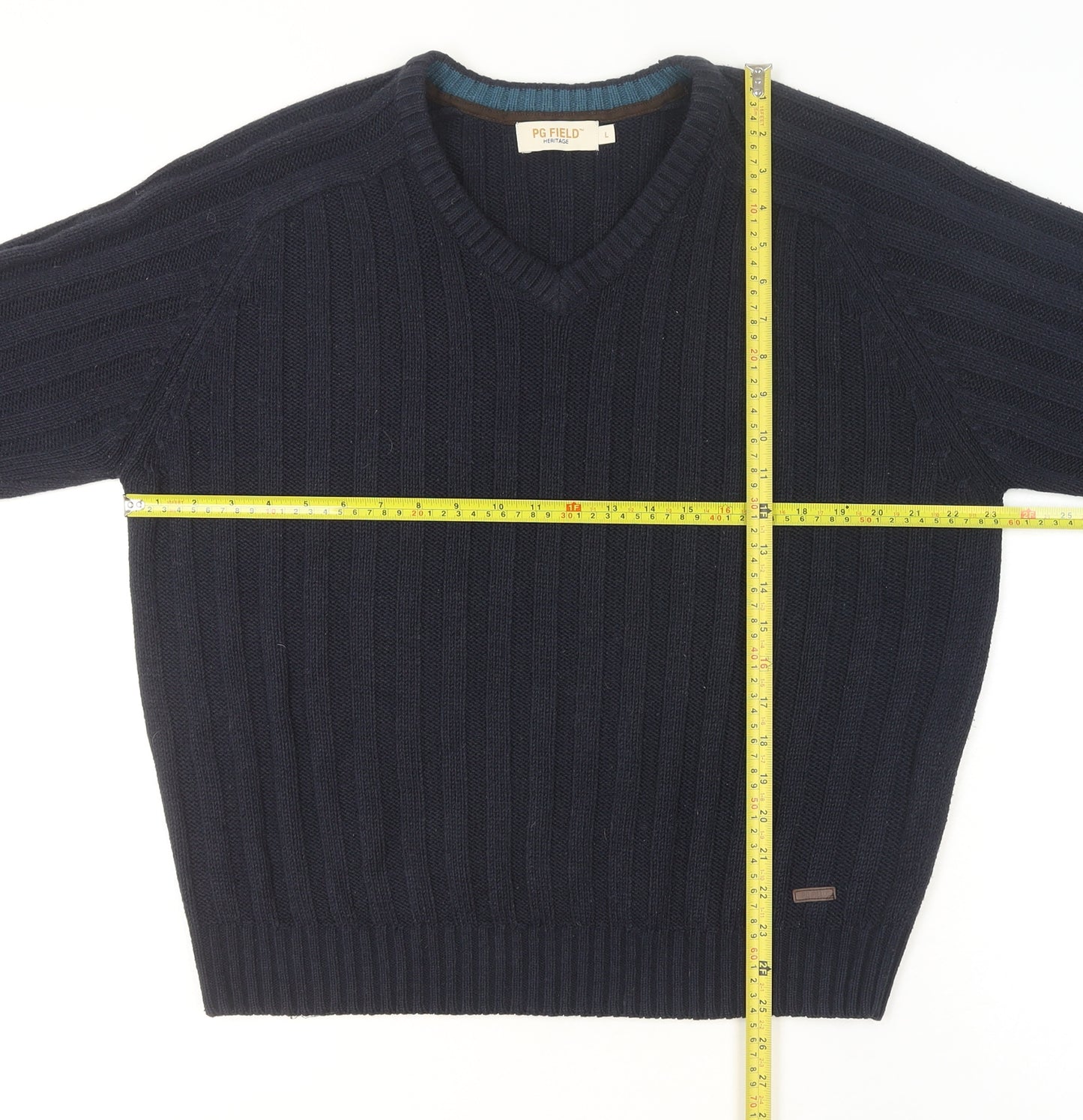 PG Field Men's Blue V-Neck Cable Knit Acrylic Jumper Size L