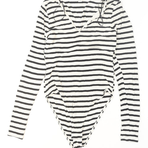 H&M Women's Black White Striped Viscose Bodysuit Size S Long Sleeve