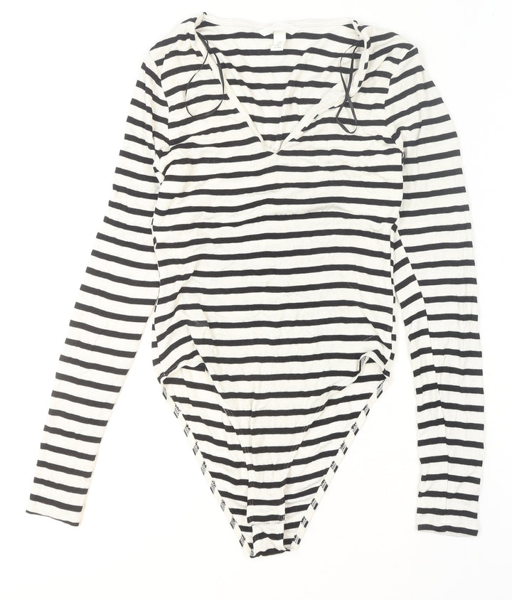 H&M Women's Black White Striped Viscose Bodysuit Size S Long Sleeve