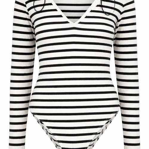 H&M Women's Black White Striped Viscose Bodysuit Size S Long Sleeve