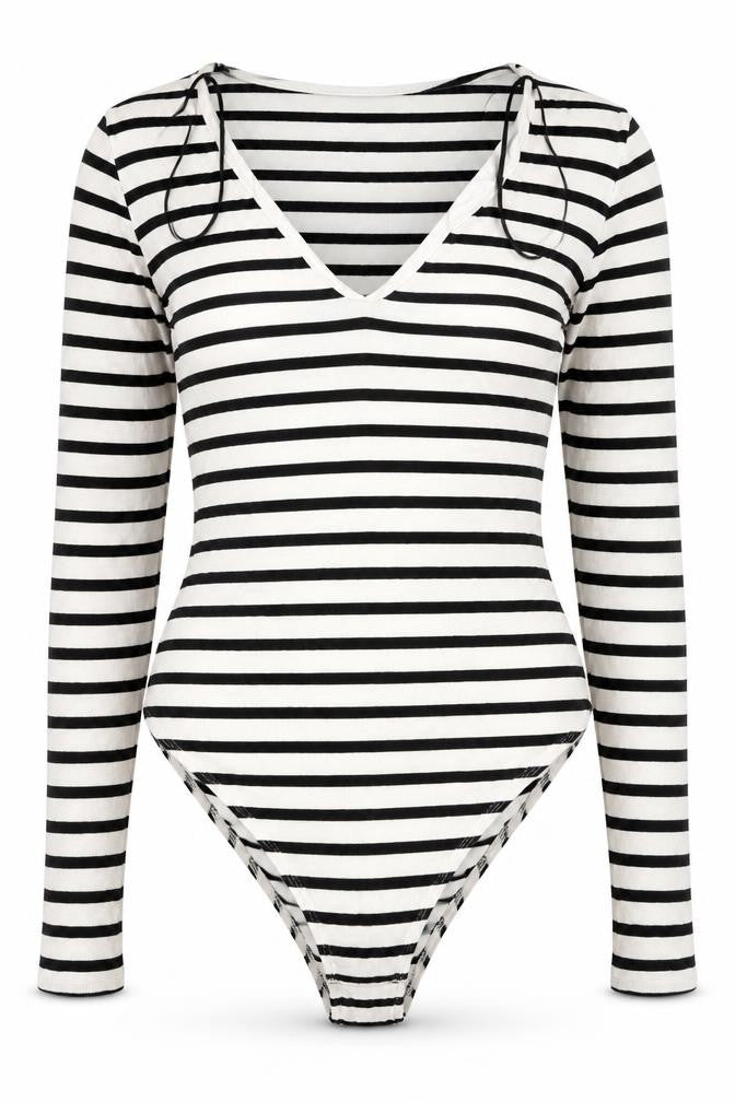 H&M Women's Black White Striped Viscose Bodysuit Size S Long Sleeve