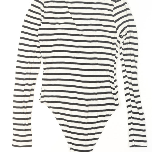 H&M Women's Black White Striped Viscose Bodysuit Size S Long Sleeve