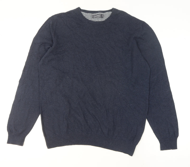 Samuel Windsor Men Blue L Cotton Cashmere Crew Neck Jumper