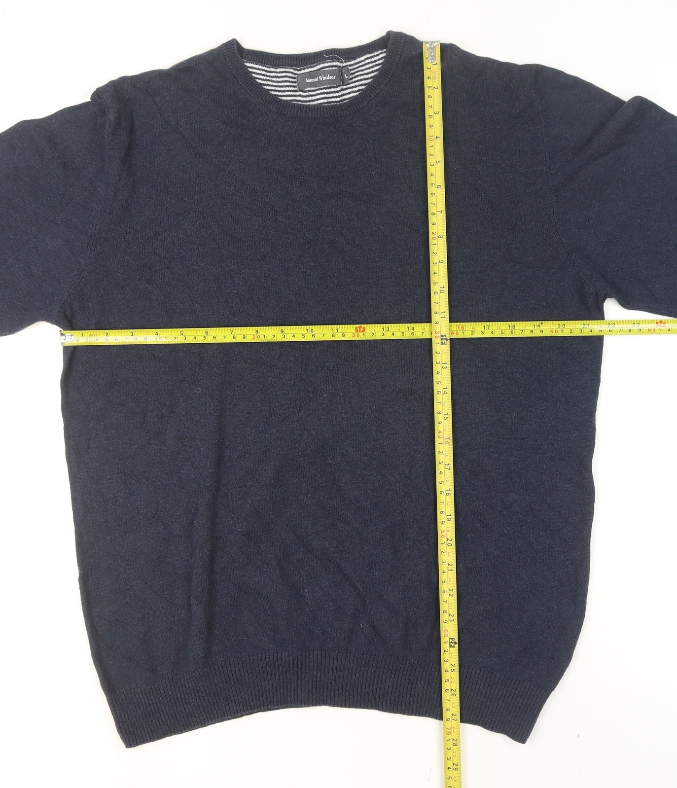 Samuel Windsor Men Blue L Cotton Cashmere Crew Neck Jumper