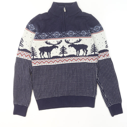 Next Men's Blue Fair Isle 1/2 Zip Cotton Blend Jumper XS