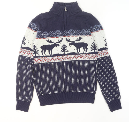 Next Men's Blue Fair Isle 1/2 Zip Cotton Blend Jumper XS