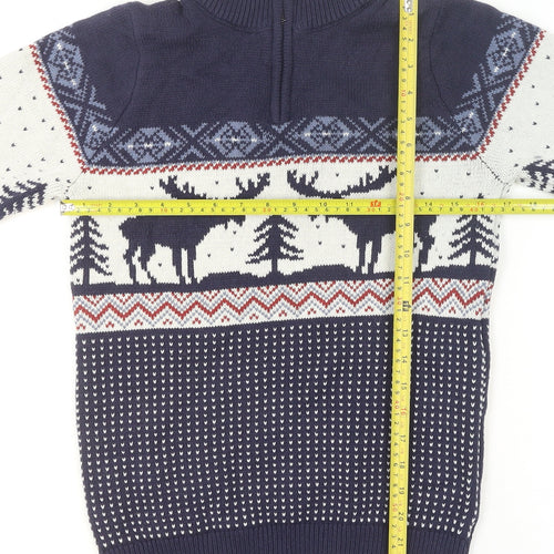 Next Men's Blue Fair Isle 1/2 Zip Cotton Blend Jumper XS